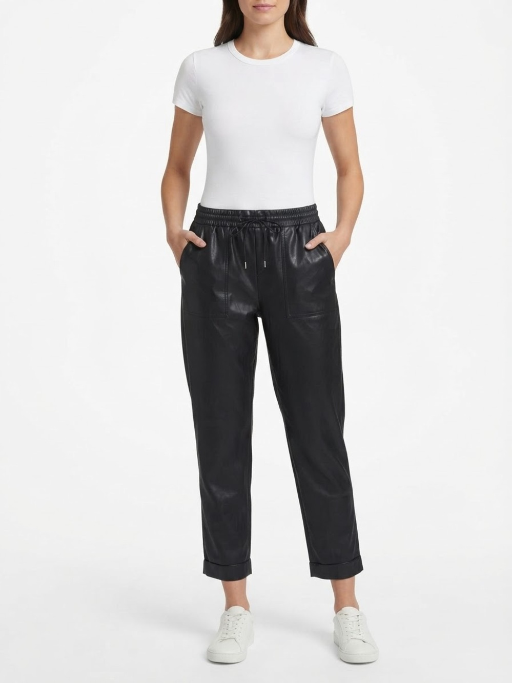 A NEW DAY Faux Leather Drawstring Joggers L Black NWOT